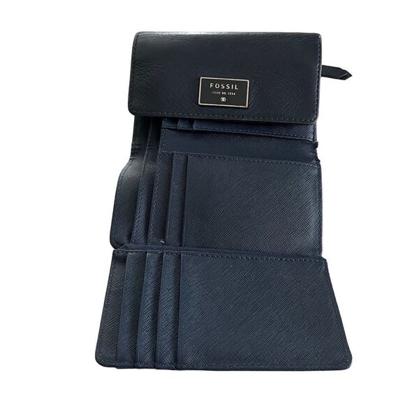 Fossil Navy Tri-fold Leather Wallet - Picture 2 of 5